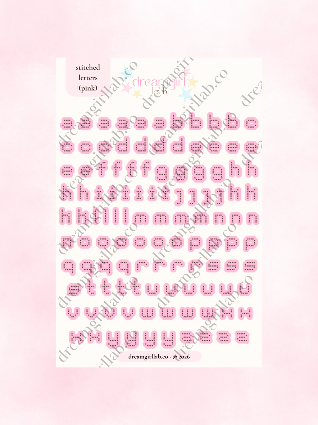 pink stitched letters sticker sheet