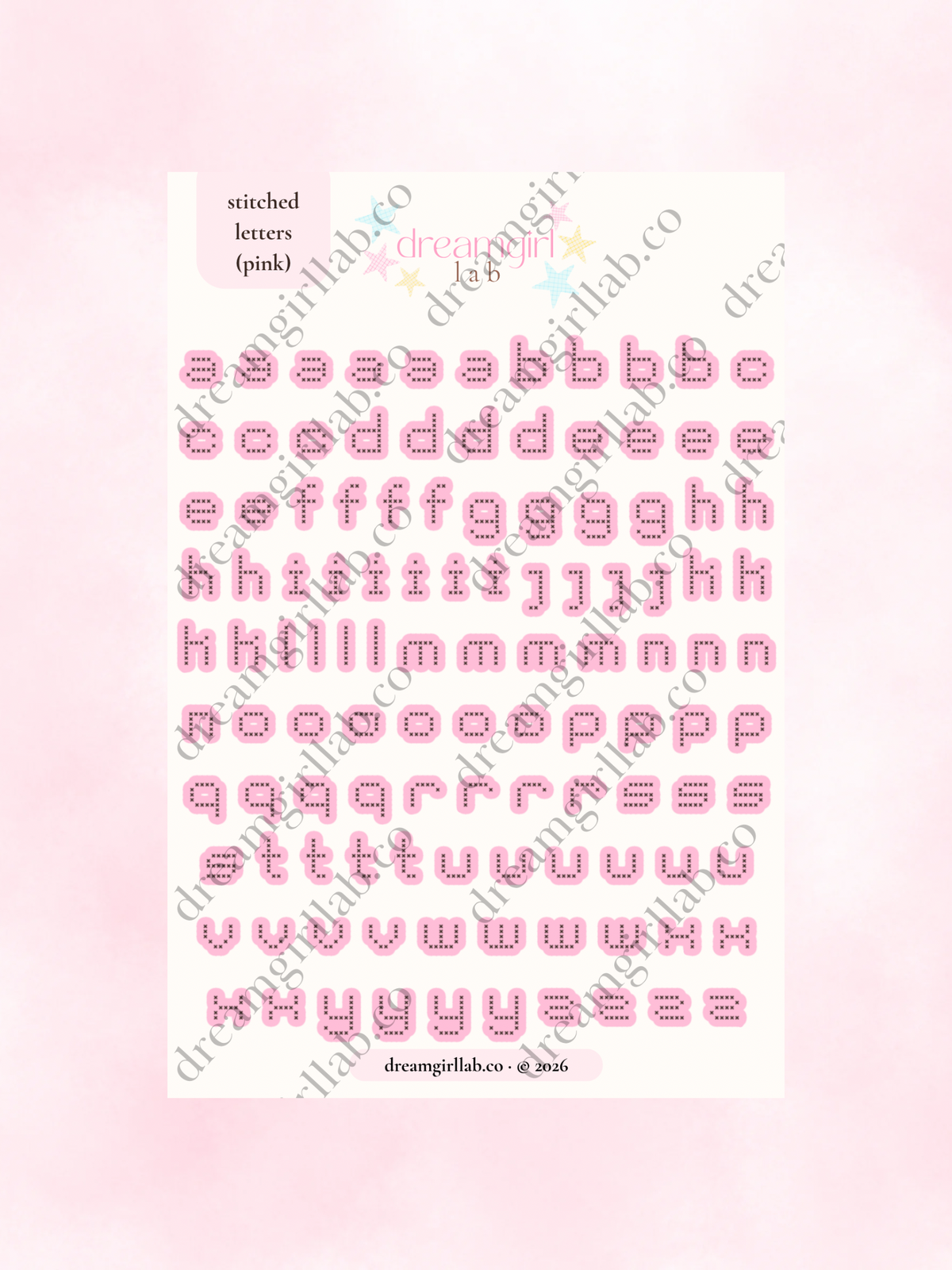pink stitched letters sticker sheet