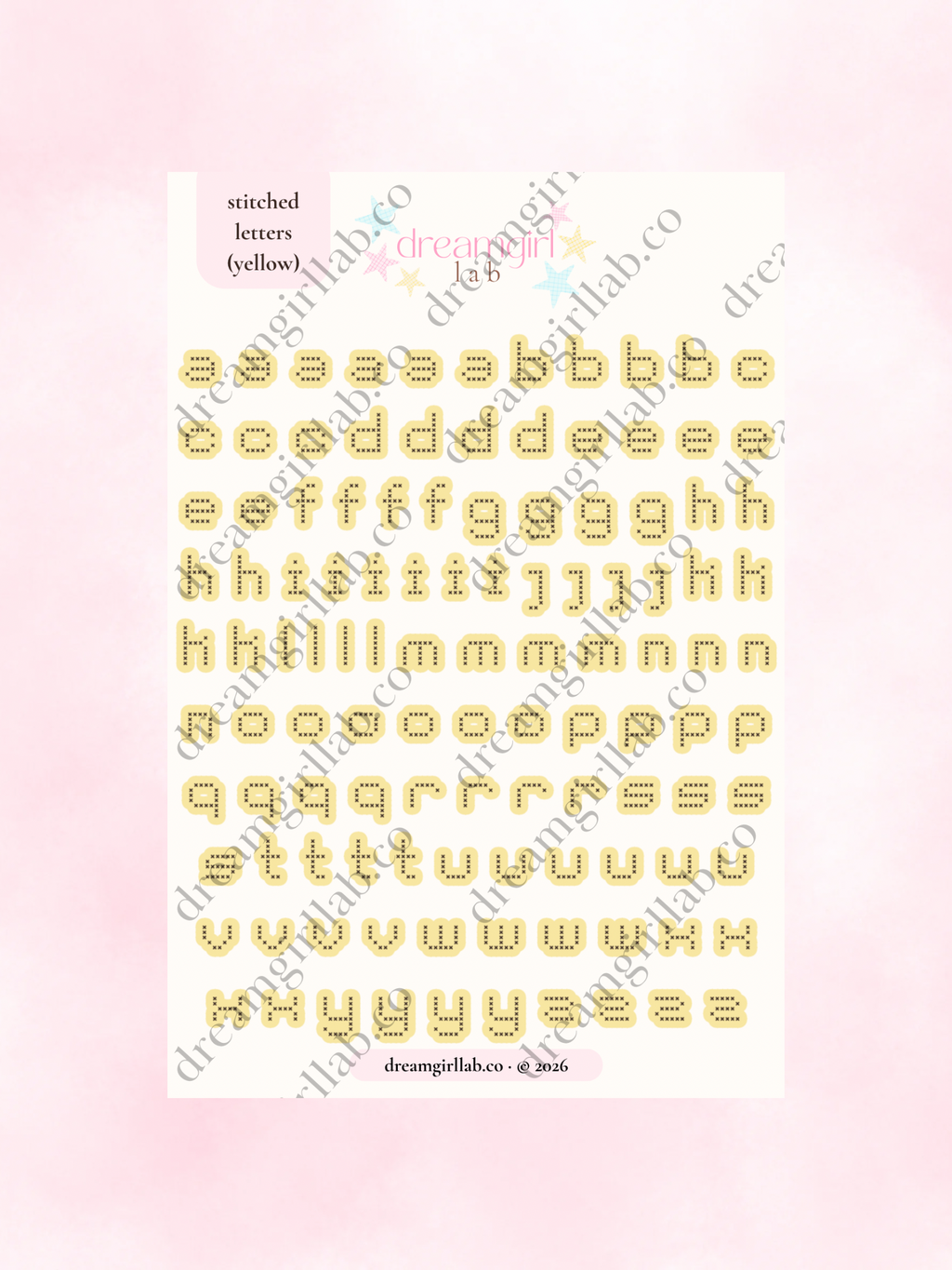 yellow stitched letters  sticker sheet