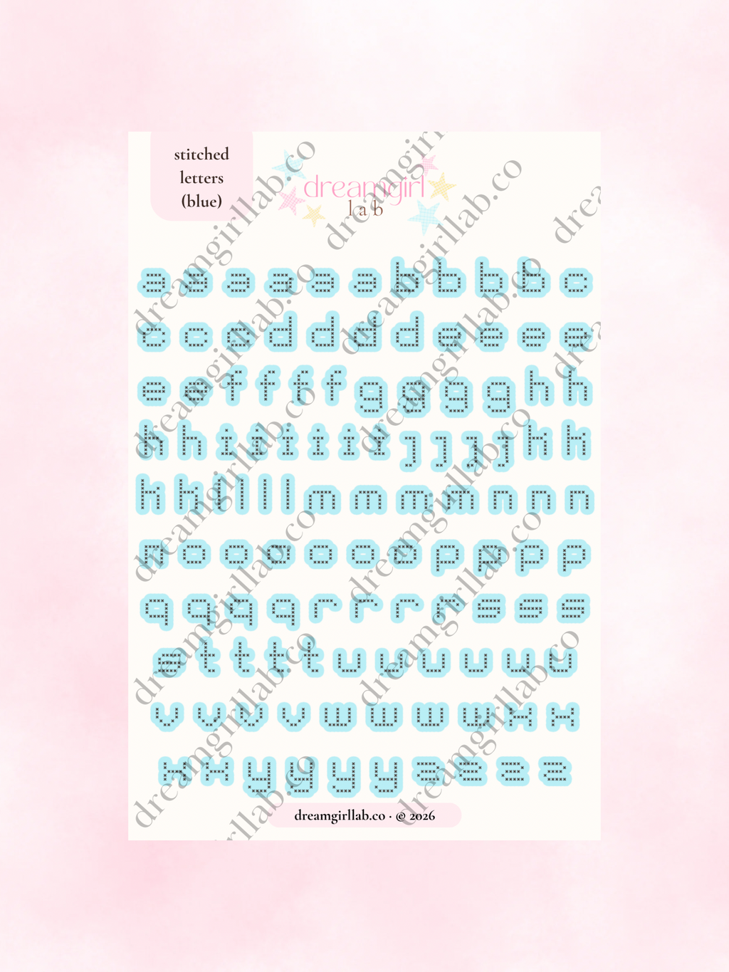 blue stitched letters sticker sheet