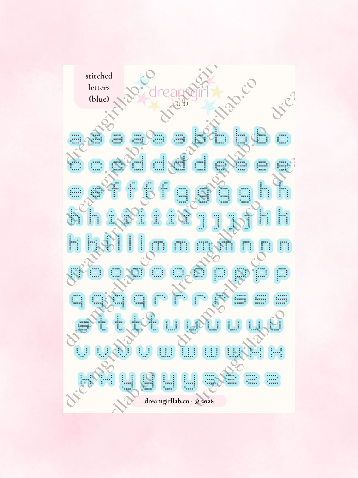blue stitched letters sticker sheet